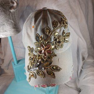 Natalie Mills Flora Rhinestone Baseball Cap Women's Hat Gray Distressed Denim